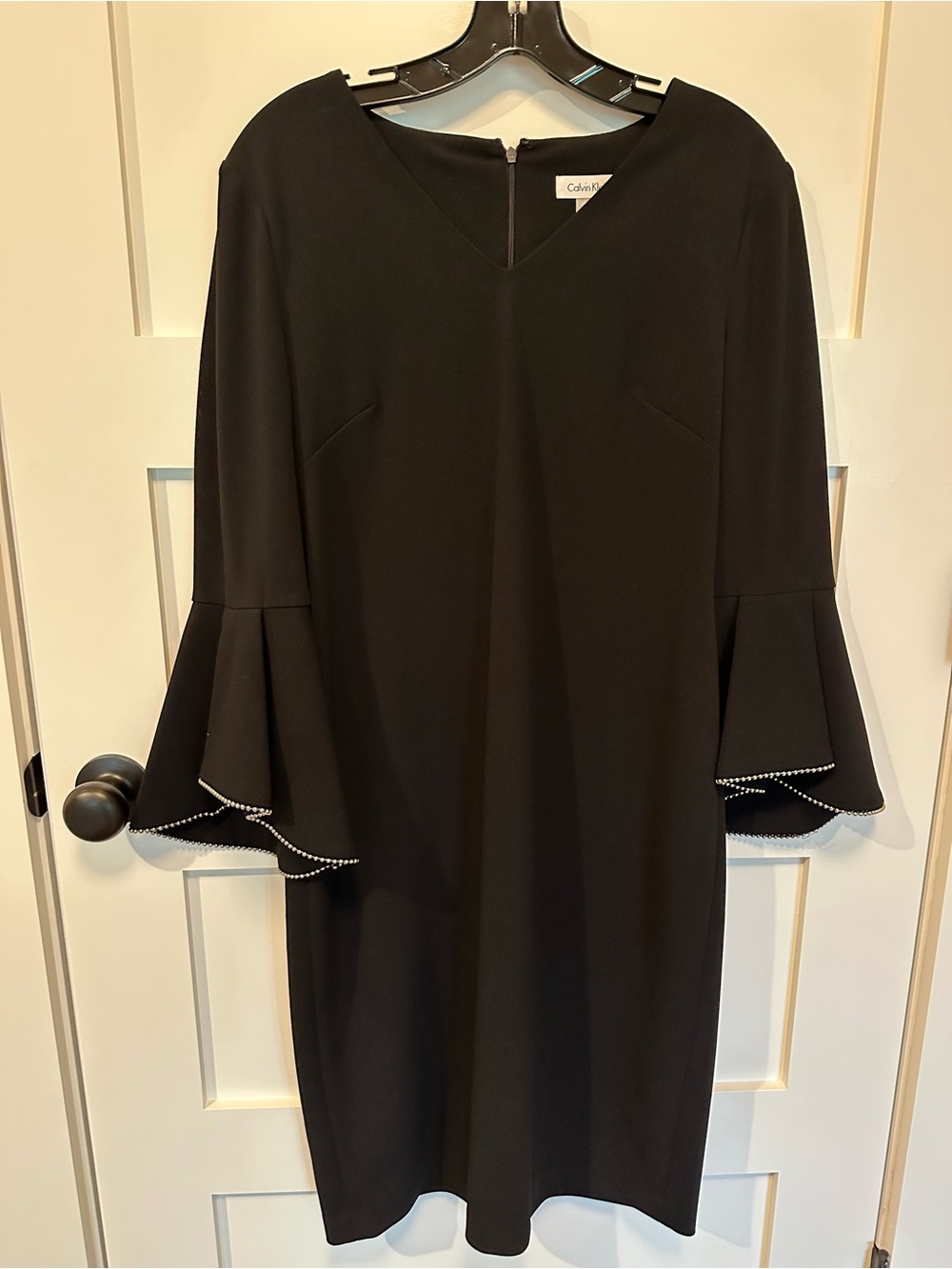 Calvin Klein Black V-Neck Bell Sleeve Midi Dress with Rhinestone Edge